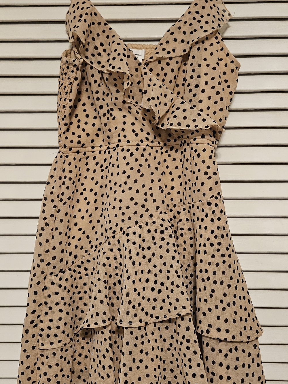 Jasper Tan Dress with Black Polka Dots and Ruffle Trim Dress/ Skort